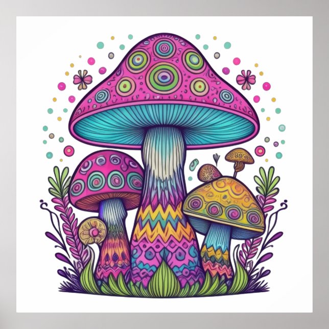 Colourful Mushroom Meadow Poster (Front)