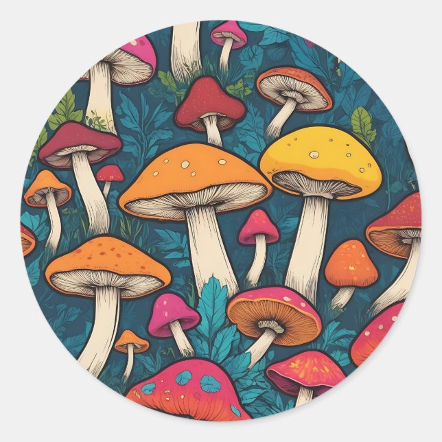 Colourful Mushroom Pattern Classic Round Sticker (Front)