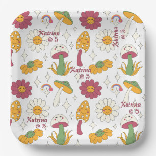 Colourful Mushroom, Rainbow and Daisies Pattern Paper Plate