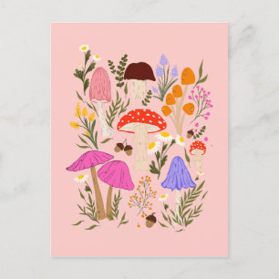 Colourful mushrooms and wildflowers illustration postcard