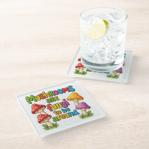 Colourful mushrooms design, bright forest fungi glass coaster