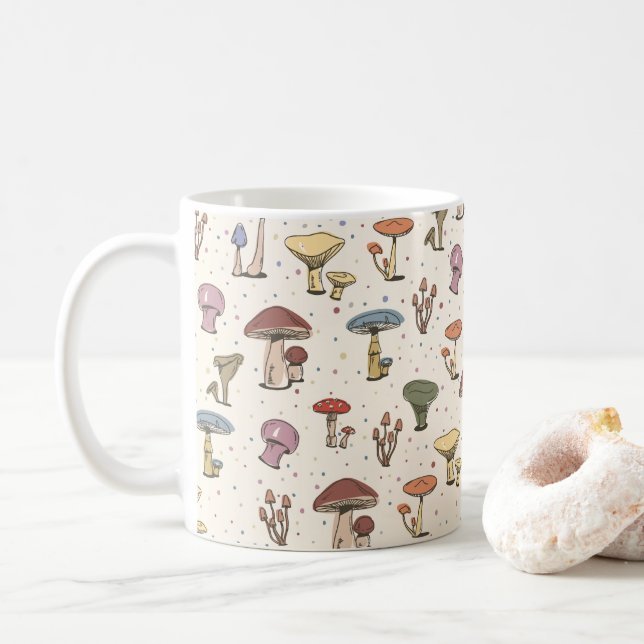 Colourful Mushrooms Doodle Pattern Coffee Mug (With Donut)