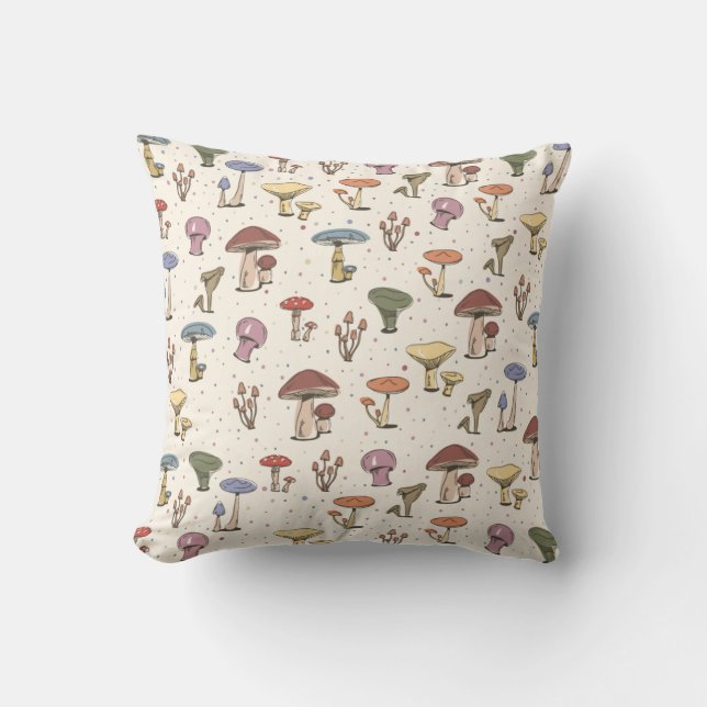 Colourful Mushrooms Doodle Pattern Throw Pillow (Front)