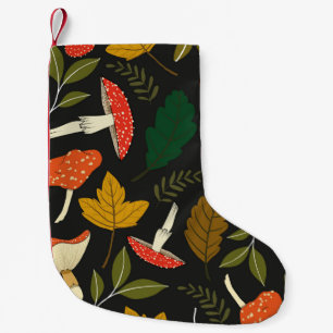 Colourful mushrooms, leaves, vintage full colour. small christmas stocking