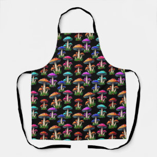 Colourful Mushrooms On Black Background  Apron
