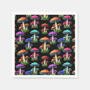 Colourful Mushrooms On Black Background  Napkin