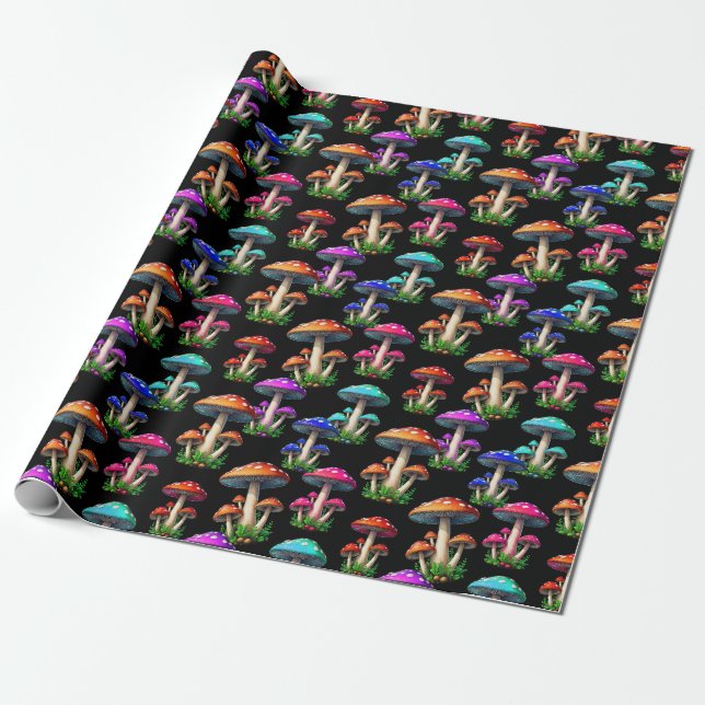 Colourful Mushrooms On Black Background  Wrapping Paper (Unrolled)