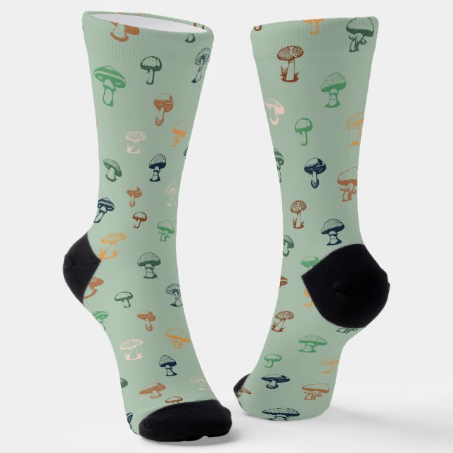 Colourful Mushrooms on Solid Green Background Socks (Angled)