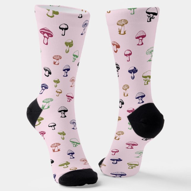 Colourful Mushrooms on Solid Pink Background  Socks (Angled)