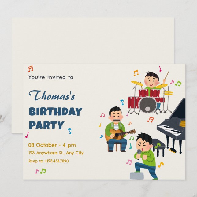 Colourful music band performing birthday invitation (Front/Back)