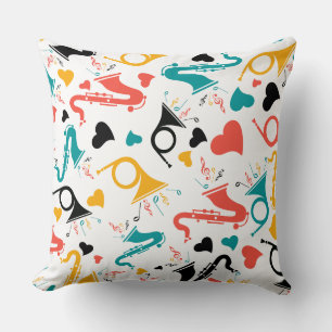 Colourful Music Instruments Note & Hearts Pattern Throw Pillow