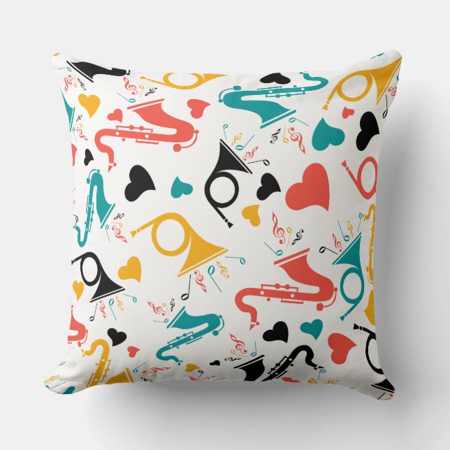 Colourful Music Instruments Note & Hearts Pattern Throw Pillow (Front)