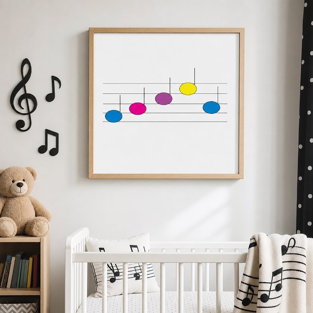 Colourful Music Notes Music Lover Poster (A poster with a blue, pink, purple and yellow music notes on a musical staff.)