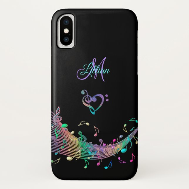Colourful Music Notes n Clef Heart Monogram Case-Mate iPhone Case (Back)