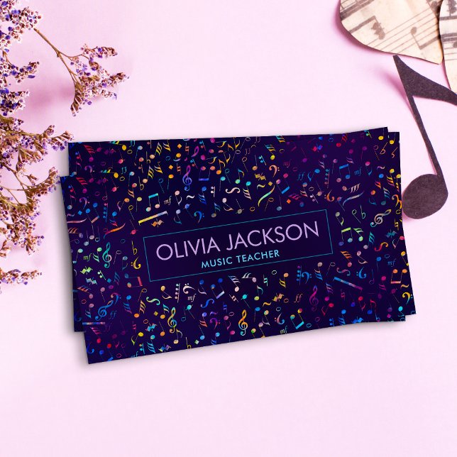 Colourful Music Notes pattern on violet Business Card (Creator Uploaded)