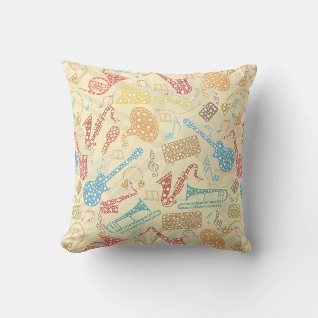 Colourful Musical Instruments Pattern Throw Pillow (Front)