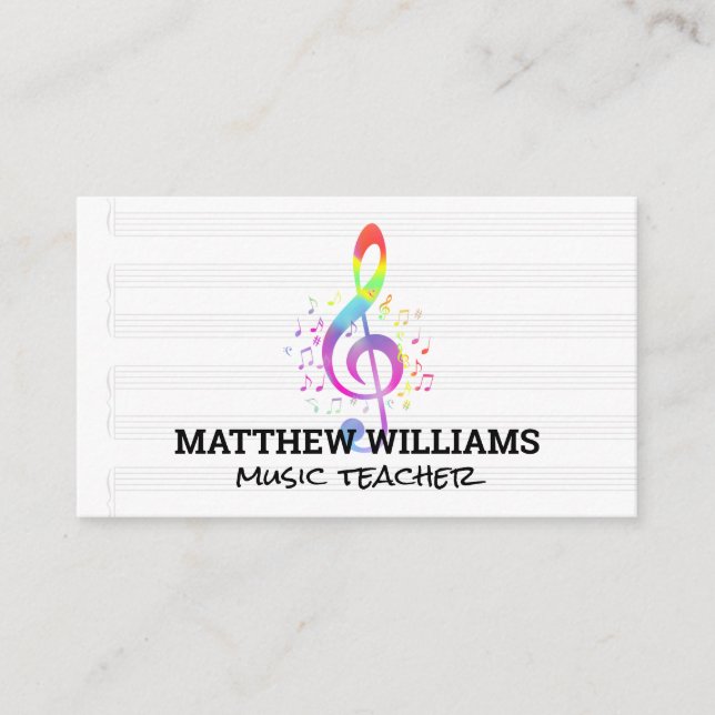 Colourful Musical Note and Music Sheets Business Card (Front)