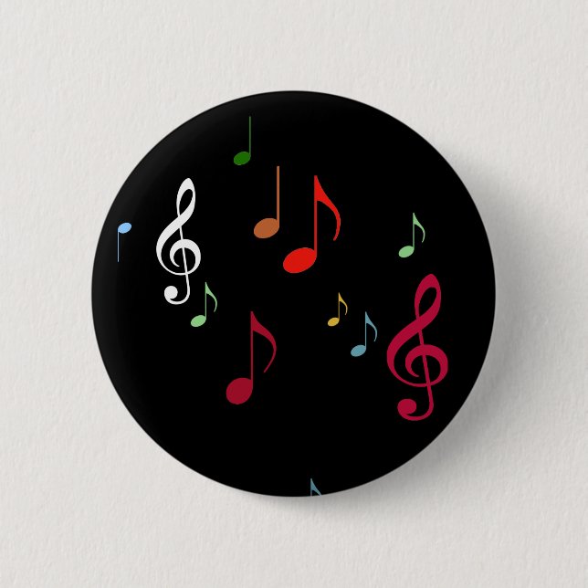 colourful musical notes on black 2 inch round button (Front)