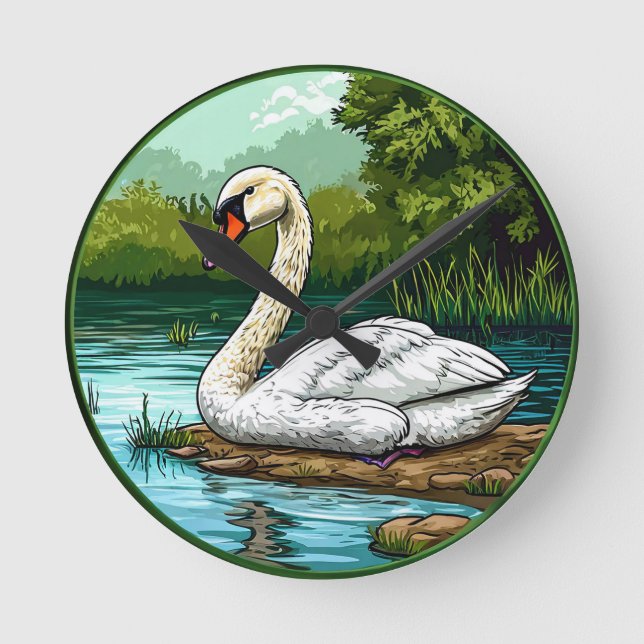 Colourful Mute swan Bird Round Clock (Front)