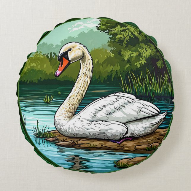 Colourful Mute swan Bird Round Pillow (Front)