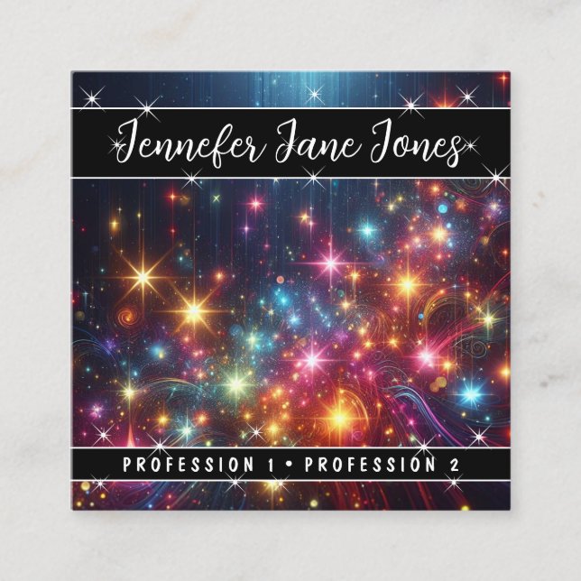 Colourful Mystic Sky Nebula Dripping Rain Stars Square Business Card (Front)