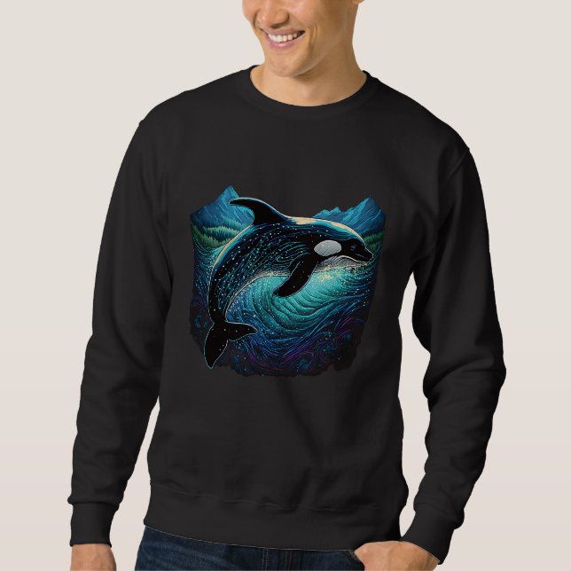 Colourful mystical orca whale watching dolphin pot sweatshirt (Front)