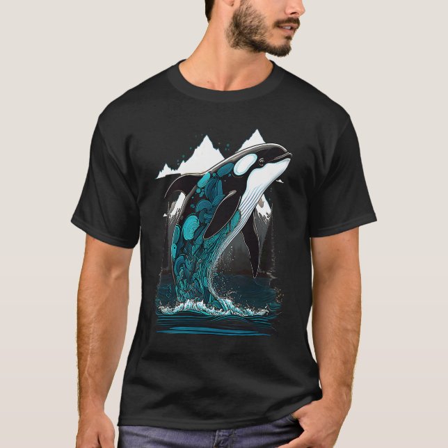 Colourful mystical orca whale watching dolphin pot T-Shirt (Front)
