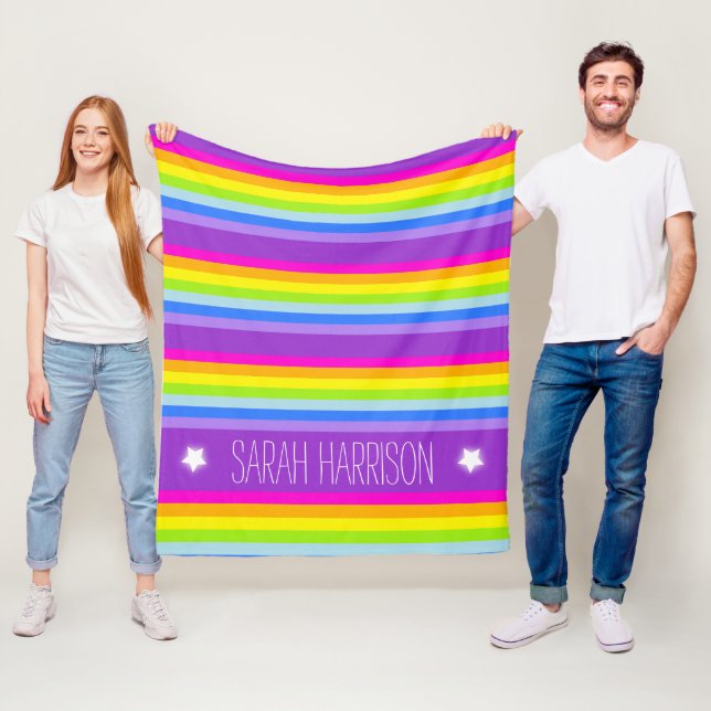 Colourful name rainbow stripes personalized fleece blanket (In Situ)