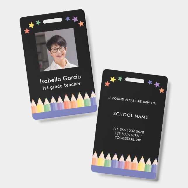 Colourful Name School Teacher badge (Front & Back)