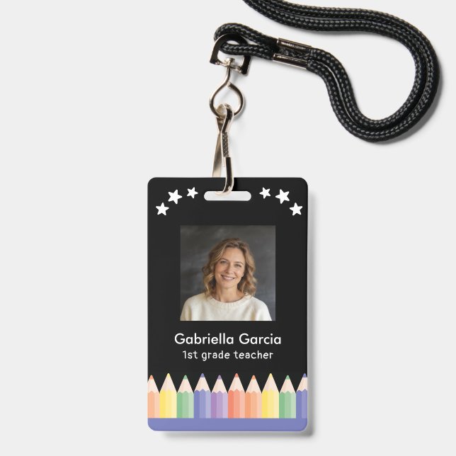 Colourful Name School Teacher badge (Front with Lanyard)