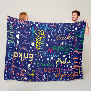 Colourful Names Cute Hearts and Stars all-over Fleece Blanket