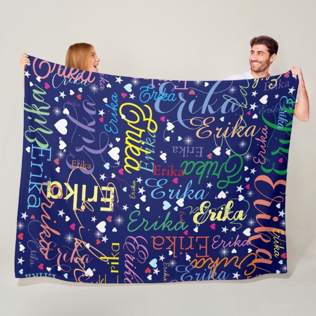 Colourful Names Cute Hearts and Stars all-over Fleece Blanket (In Situ)