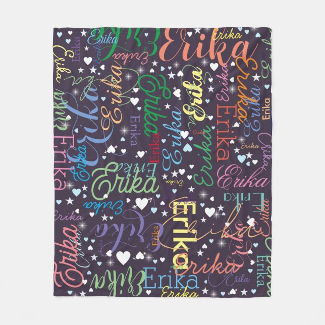 Colourful Names Cute Hearts and Stars on Indigo Fleece Blanket (Front)