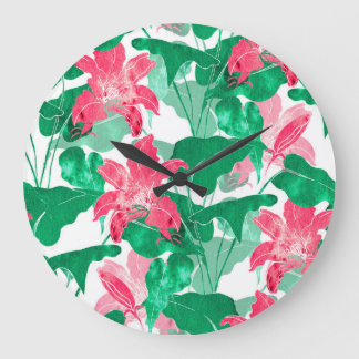 Colourful Nature Flowers Leaves Pattern Large Clock