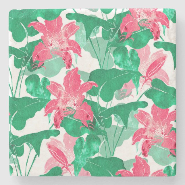 Colourful Nature Flowers Leaves Pattern Stone Coaster (Front)