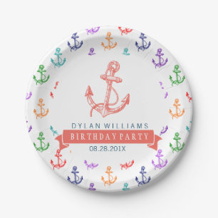 Colourful Nautical Boat Anchors Pattern Paper Plate