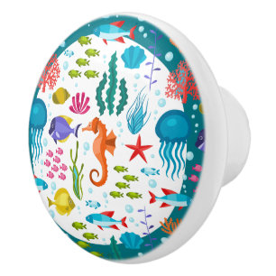 Colourful Nautical Sea Animals & Plants Pattern Ceramic Knob