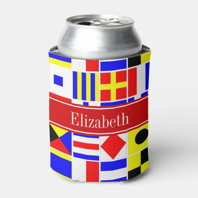 Colourful Nautical Signal Flags Red Name Monogram Can Cooler (Can Front)