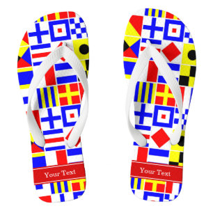 Colourful Nautical Signal Flags Red Name Monogram Flip Flops