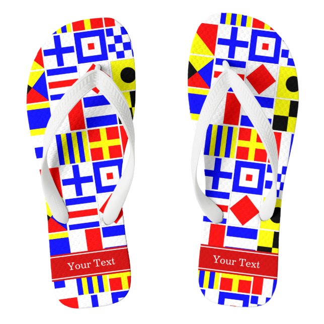 Colourful Nautical Signal Flags Red Name Monogram Flip Flops (Footbed)
