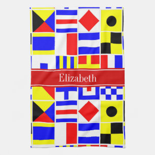 Colourful Nautical Signal Flags Red Name Monogram Kitchen Towel