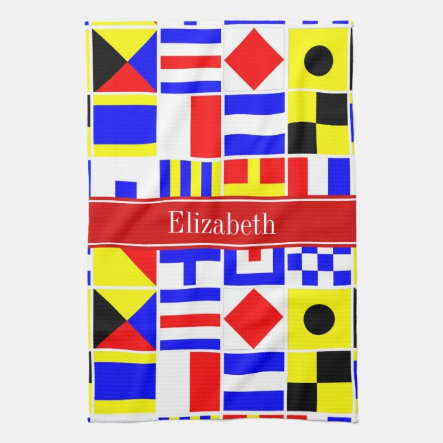 Colourful Nautical Signal Flags Red Name Monogram Kitchen Towel (Vertical)