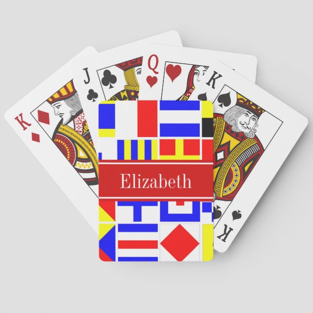 Colourful Nautical Signal Flags Red Name Monogram Playing Cards (Back)