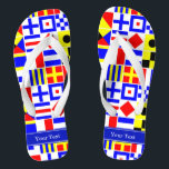 Colourful Nautical Signal Flags Royal Name Monogra Flip Flops<br><div class="desc">Colourful Nautical Signal Flags With Royal Blue Name Monogram Ribbon Label Customize this with your name, monogram or other text. You can also change the font, change font size and font colour, move the text, add additional text fields, etc. Want to see this in another colour combination? Just drop us...</div>