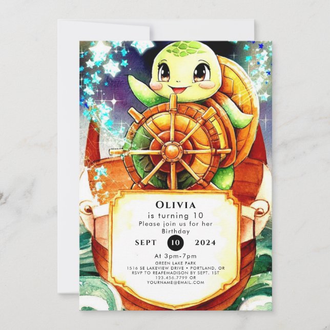 Colourful Nautical Turtle Birthday Invitation (Front)
