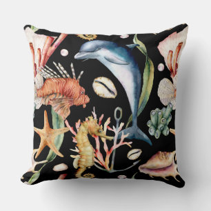 Colourful Nautical Underwater Sea Animal LIfe Blac Throw Pillow