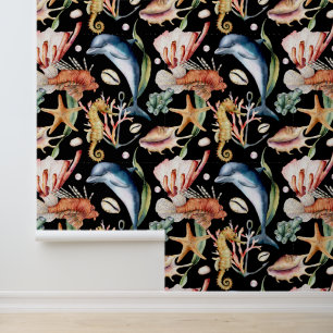 Colourful Nautical Underwater Sea Animal LIfe Blac Wallpaper