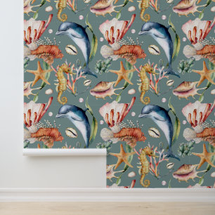 Colourful Nautical Underwater Sea Animal LIfe Teal Wallpaper