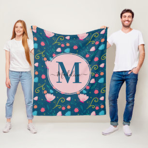 Colourful Navy Blue Butterfly Flowers Leaf Monogra Fleece Blanket