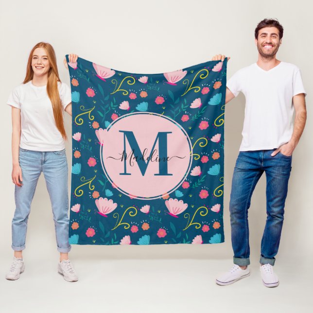Colourful Navy Blue Butterfly Flowers Leaf Monogra Fleece Blanket (In Situ)